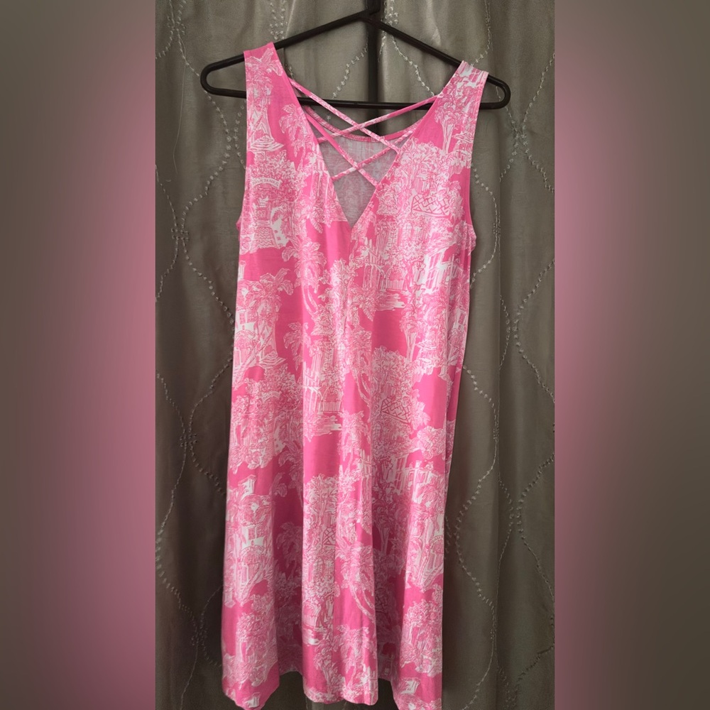 Pink Lilly Pulitzer Sleeveless Shift Dress with White Scenic Print size M - Picture 4 of 5